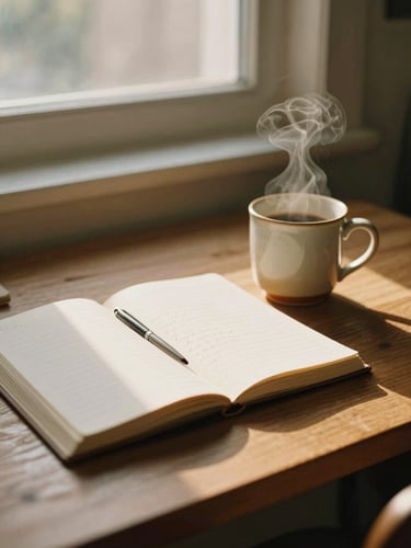 A quiet, atmospheric scene of a wooden writing desk at golden hour, an open notebook with elegant handwriting, a warm ceramic mug with steam rising, soft window light, shallow depth of field, 35mm film style.