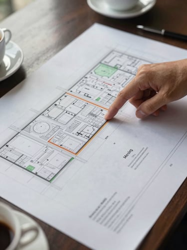 Overhead documentary shot of a site plan spread across a table, a hand pointing to a development zone boundary near Mersing, natural window light from the left casting soft directional shadows across the document, coffee cup and pen visible at the edge of frame
