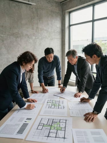 Wide environmental shot of a working investor session in a bare-concrete meeting room, three people leaning over a table covered with printed site plans and annotated spreadsheets, natural daylight from a large window on the right, faces not prominently visible, focus on the documents and working posture