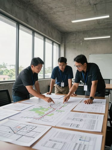 Wide environmental shot of a working investor session in a bare-concrete meeting room in Johor Bahru — three people leaning over a large table covered in site plans and printed data sheets, natural daylight from tall side windows, one person pointing at a map detail, no posed expressions, documentary framing from standing eye level