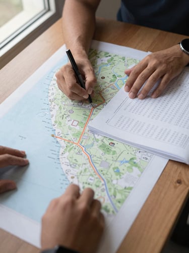 Close overhead shot of two pairs of hands on a large printed development corridor map — one hand holding a pen marking a site boundary near Mersing coastline, the other steadying a printed data sheet with handwritten annotations, clean natural window light from the left, wooden table surface visible at edges, documentary framing, no faces visible