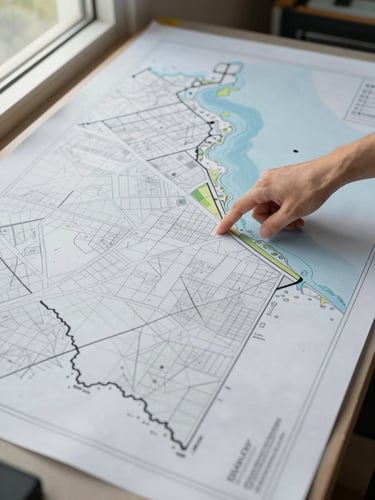 Overhead documentary shot of a regional site plan spread on a table — development zone boundaries marked in ink, a hand pointing to a coastal plot area, natural window light from the left, no staging, working environment visible at edges