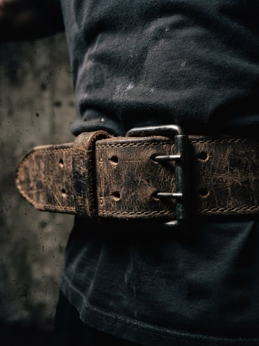 Close-up of heavily textured 10mm leather weightlifting belt with a steel buckle, dramatic side-shadows, raw concrete background, gritty athletic photography