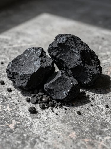 A portrait shot of raw black charcoal chunks and biomass pellets resting on a weathered concrete surface, sharp side-lighting casting deep shadows.