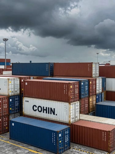 Structured overhead view of shipping containers stacked at Cochin port, dramatic monsoon sky, high contrast, industrial composition.