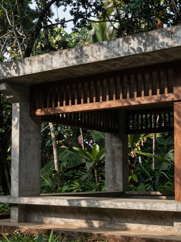 A striking architectural detail of a concrete and teakwood pavilion in a Kerala spice grove, high-contrast natural light, deep shadows