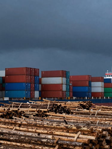 A wide panoramic shot of Cochin port at twilight, shipping containers stacked neatly against a deep monsoon sky, raw timber cargo in the foreground, high-contrast natural light.