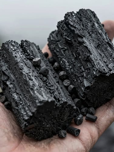 Close-up of raw charcoal textures and dark biomass pellets held in a hand, overcast monsoon lighting, high contrast shadows.
