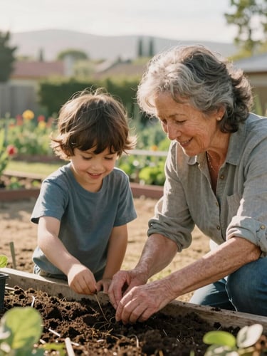 Warm morning light filling a California community garden, a grandmother and young child smiling as they plant seeds together, candid medium shot, natural tones