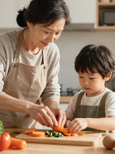 Candid medium shot of a grandmother and young child cooking together in a kitchen filled with soft morning light, hands preparing vegetables, warm and natural feel.