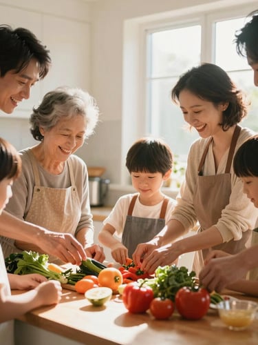 A warm, sun-drenched candid photo of a multi-generational family cooking together in a bright kitchen, soft morning light streaming through windows, laughter and shared hands preparing fresh vegetables.