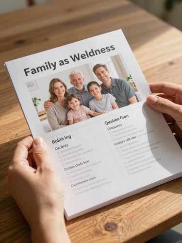 Close-up of hands holding a printed family wellness guide on a wooden table, warm morning light, soft shadows, natural paper texture.