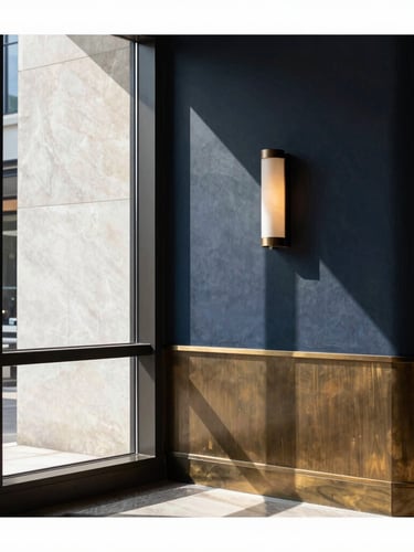 Editorial hotel interior photography with sharp window light, deep navy and warm brass tones, architectural 35mm composition showing a refined modern lobby corner