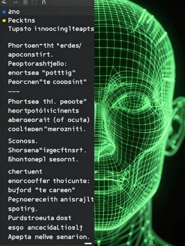 Macro split-screen interface showing raw monospace text prompts on the left and a highly refined, glowing cyber-green vector wireframe on the right, dark studio lighting.