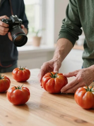 Candid medium shot of a photographer and a culinary stylist arranging fresh heirloom tomatoes on a light wooden table, soft natural Scandinavian daylight, 35mm