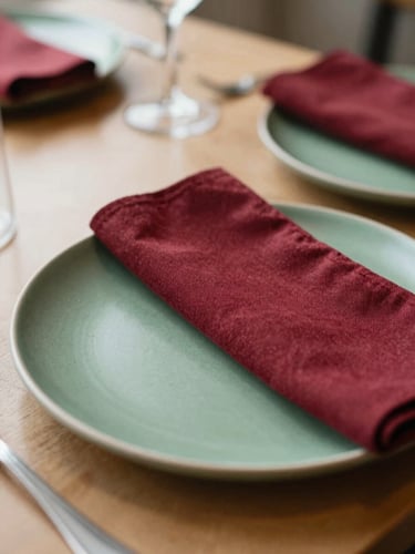 First-person perspective of a warm Scandinavian restaurant table, soft natural morning light, matte forest green ceramic plates, rich crimson linen napkin, shallow depth of field, 35mm photography