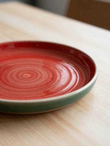 Close-up of a rustic ceramic plate on a light wood table, soft natural Scandinavian daylight, crimson accents, shallow depth of field, 35mm photography