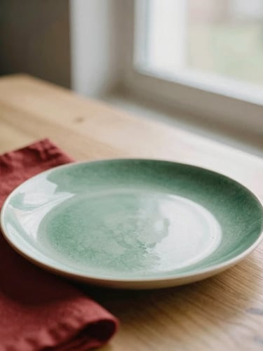 A minimalist plated dish on a light oak table, soft scandinavian daylight from a side window, subtle crimson linen napkin, shallow depth of field, warm editorial photography, 35mm