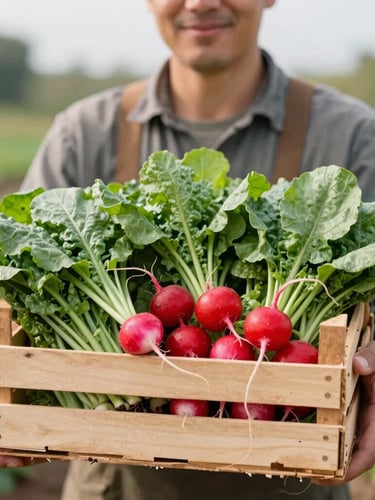 A local organic farmer smiling gently, holding a wooden crate full of fresh leafy greens and red radishes, soft natural scandinavian daylight, shallow depth of field, 35mm