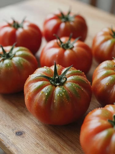 Close-up of fresh organic heirloom tomatoes on a rustic wooden table, soft scandinavian daylight, shallow depth of field, 35mm