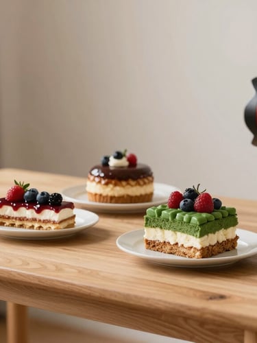 A professional camera on a tripod capturing a beautifully arranged dessert on a light wooden table, soft natural light, cozy studio setting, warm editorial photography, 35mm