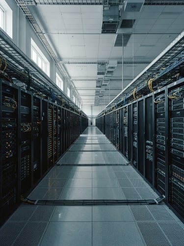 Wide panoramic shot of a high-performance computing cluster, server racks receding into the distance, cool clinical daylight, desaturated slate and amber tones, sharp architectural focus, 35mm