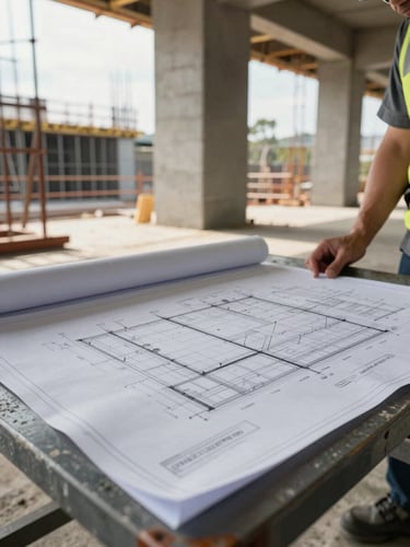 Close-up documentary photograph of a site engineer reviewing large-format structural drawings spread across a weathered steel table on an active construction site, natural afternoon light streaming through open formwork behind him, concrete columns visible in the mid-ground, shot from a low angle emphasising the scale of the documents and the industrial environment