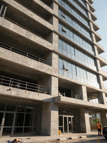 Wide environmental shot from ground level looking up at a completed mid-rise commercial building facade, concrete and glass structural details prominent in the foreground, natural afternoon daylight casting sharp shadows across the building's horizontal fins, workers in the background giving scale, no posed subjects