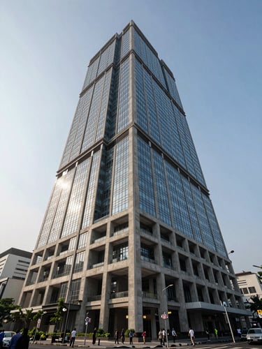 Wide-angle exterior shot of a completed mixed-use commercial tower in Jakarta, photographed from street level looking up, concrete and glass facade in natural morning daylight, pedestrian-scale context visible at the base, sharp structural detail at the tower's upper floors