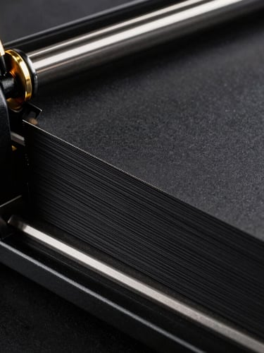 Macro close-up of a heavy-duty hydraulic paper cutter slicing cleanly through a thick stack of premium black cardstock, showcasing a perfect, razor-sharp edge under dramatic workshop lighting.