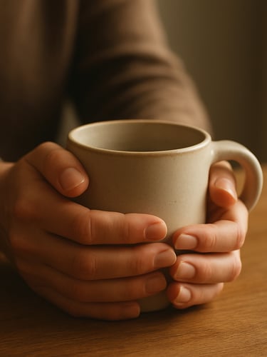 Medium close-up of hands holding a warm ceramic mug on a wooden table, soft morning light, shallow depth of field, 35mm