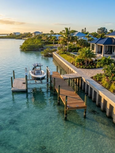 Wide drone shot of a newly constructed seawall and dock along a calm Florida Gulf Coast shoreline at golden hour, showing clear water and resilient design, bright natural daylight.