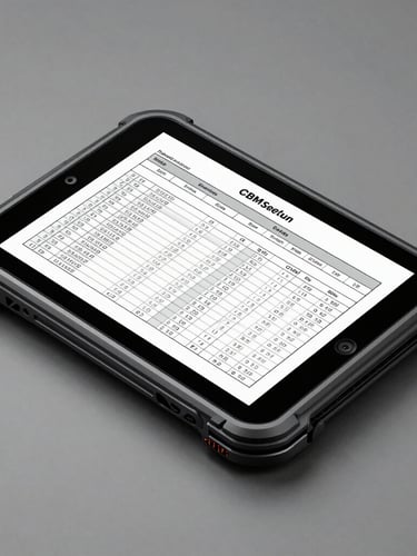 Isometric high-contrast schematic of a ruggedized warehouse tablet showing dense data tables and CBM calculations, neutral studio lighting, orthogonal view.