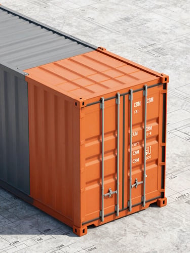 Straight-on orthogonal schematic diagram of a shipping container loading plan, showing calculated CBM blocks in a grid with precise measurements, technical slate and safety orange color scheme.