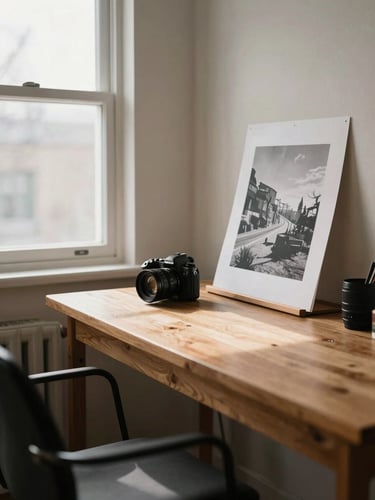 Wide view of a spare photographer's workspace in natural window light — a wooden desk to the right third, a large print leaning against a pale wall, morning light raking across the surface, generous empty space on the left