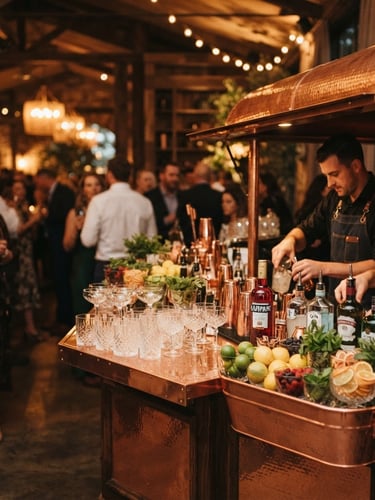 Wide shot of a polished copper mobile bar setup, adorned with crystal glassware and fresh garnishes, under warm editorial lighting. The bar is positioned to the right, with soft focus on the background. Shallow depth of field.