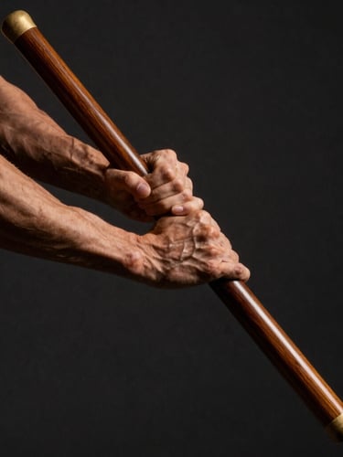 Tight action shot of hands gripping a dark wooden Bo staff, dramatic low-key side lighting highlighting muscle definition, warm golden reflections on the wood, dark charcoal background, sharp focus, 85mm lens