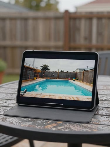 Close-up of a tablet resting on a weathered patio table, a paused pool construction video visible on screen, morning overcast light, backyard fence softly out of focus behind
