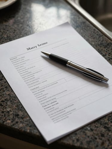 Close-up overhead shot of a pool proposal document spread on a kitchen table, a pen resting across line items, natural morning window light casting soft shadows, no faces visible