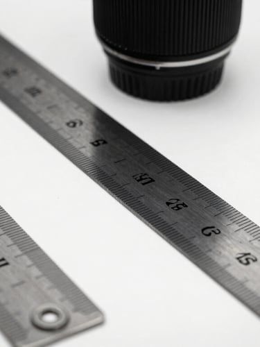 Sharp macro shot of a metal ruler measuring a paper pattern draft on a clean slate cutting table, high-contrast charcoal tones, 35mm lens