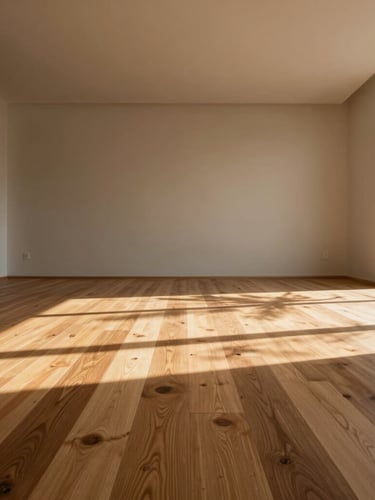 Low-angle architectural shot of a minimalist living room with high ceilings, tropical sunlight casting long shadows across a wide-plank oak SPC floor.