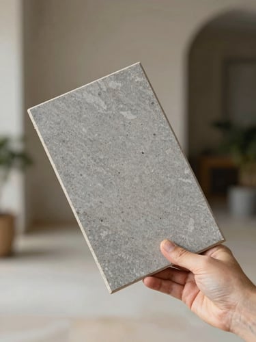 A hand holding a physical sample of grey stone SPC flooring against a neutral architectural background, soft natural lighting.