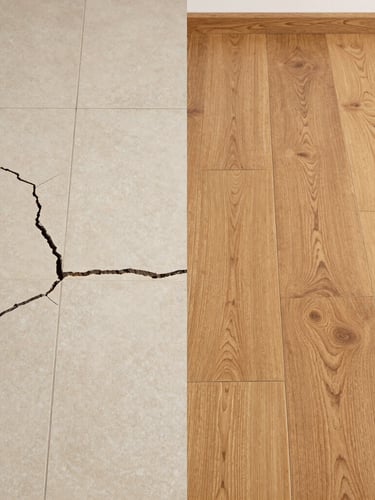 Split screen before and after shot: on the left, cracked old tiles; on the right, flawless warm oak SPC flooring with perfect skirting.