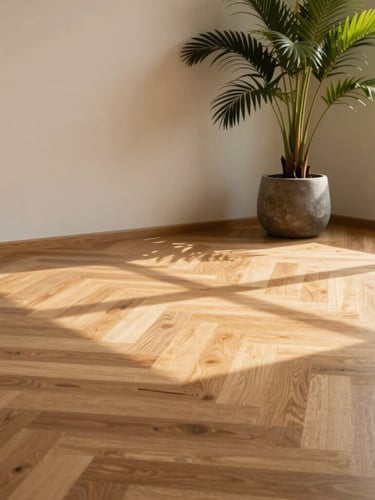 Low-angle architectural shot of a minimalist Malaysian living room, warm morning light casting soft shadows across a seamless herringbone oak floor, indoor tropical palm in a stone pot, editorial framing.
