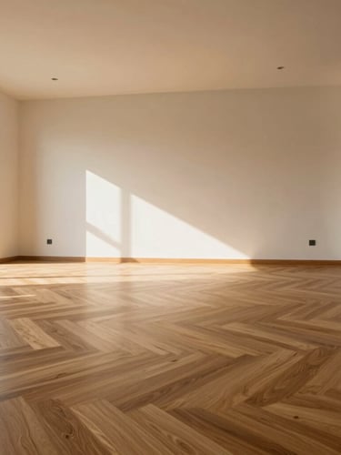Low-angle architectural shot of a minimalist Malaysian living room, warm diffused tropical daylight streaming across a seamless herringbone SPC floor, soft shadows, high ceilings.