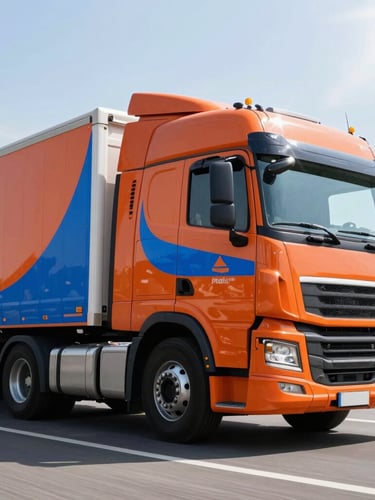 Dynamic low-angle shot of a modern freight truck cab in motion on a clean highway, bright high-contrast daylight with sharp sun flares, crisp details of vivid orange and electric blue fleet decals on the side, 35mm