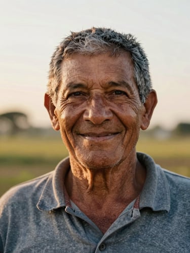 Dignified close-up portrait of an elderly Brazilian rural worker smiling, soft natural golden hour light, warm background, authentic and reassuring