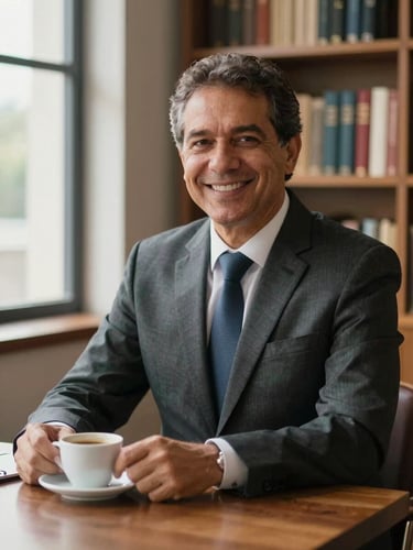 Warm environmental portrait of a Brazilian lawyer in his 40s, smiling warmly, soft natural window light, sitting at a wooden table with a cup of coffee, background soft-focus bookshelves, no cold marble.