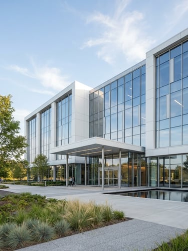 Modern minimalist healthcare facility exterior with clean glass panels reflecting bright cool daylight, sharp focus, architectural photography, blue and white tones