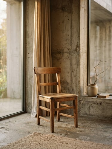 warm editorial photography, soft natural afternoon light, architectural interior with raw concrete walls, a single wooden chair, neutral earth tones, 35mm